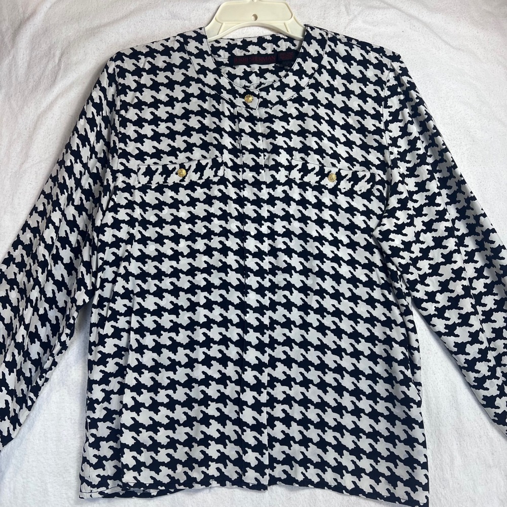 Jerri Sherman 100% Silk Houndstooth Blouse Black White Gold Button Vintage 6